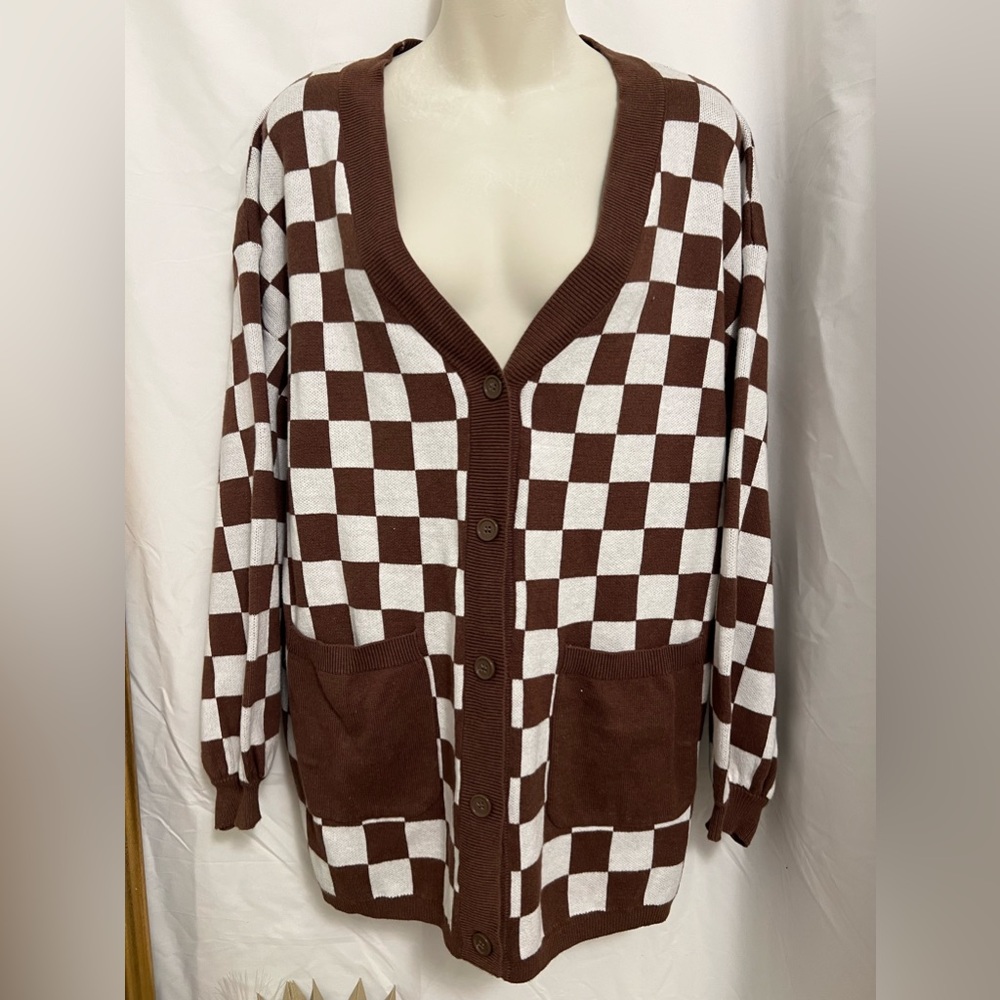 NWT Chocolate Brown Checkered Button Up Cardigan
